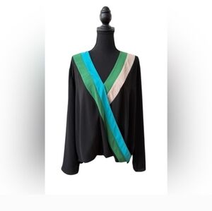 INC International Concepts Black Green Turquoise Faux Wrap Top Size XL